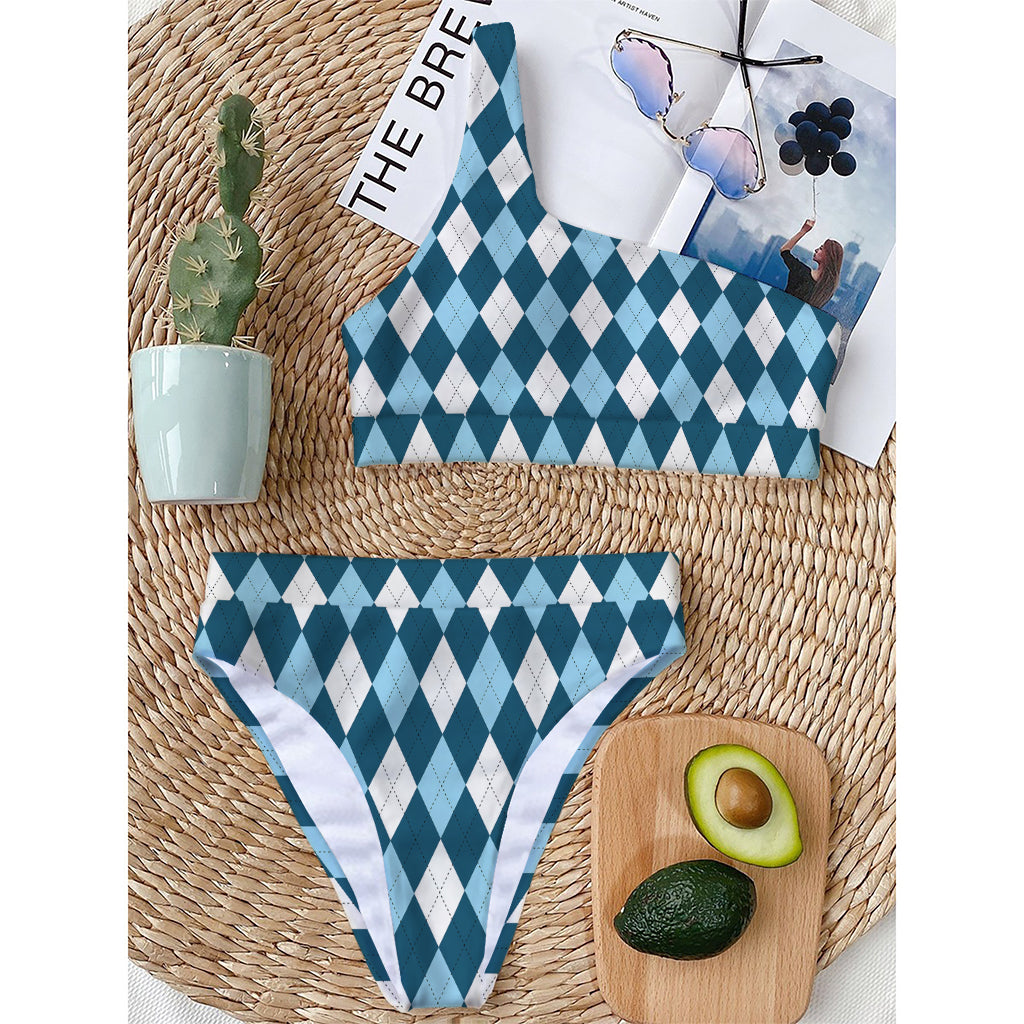 Soft Blue Argyle Pattern Print One Shoulder Bikini Top