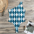 Soft Blue Argyle Pattern Print One Shoulder Bodysuit