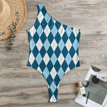 Soft Blue Argyle Pattern Print One Shoulder Bodysuit