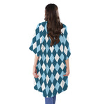 Soft Blue Argyle Pattern Print Open Front Beach Cover Up