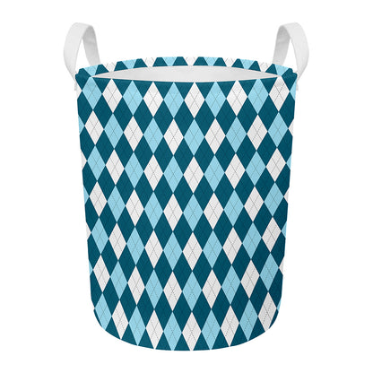 Soft Blue Argyle Pattern Print Round Laundry Basket
