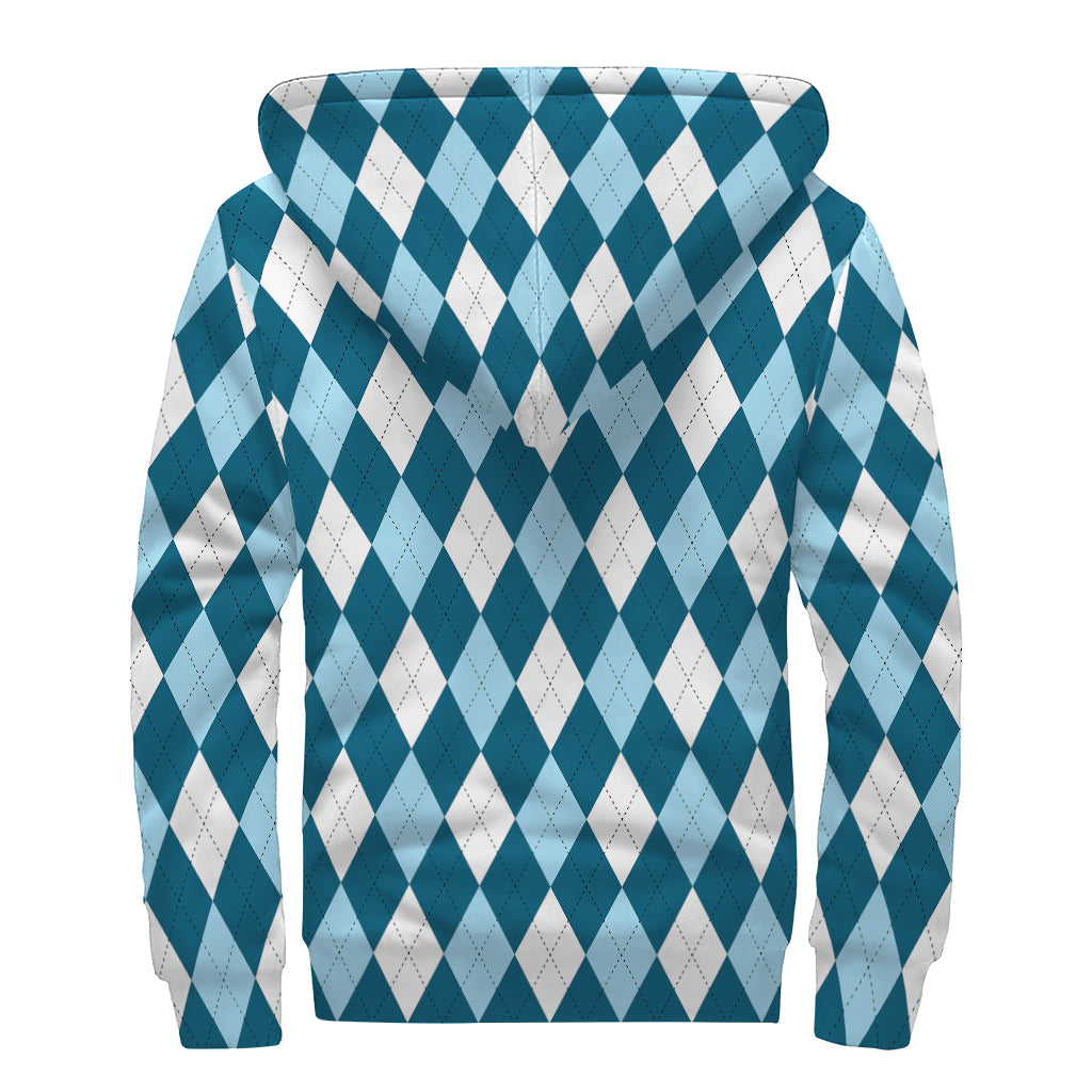 Soft Blue Argyle Pattern Print Sherpa Lined Zip Up Hoodie