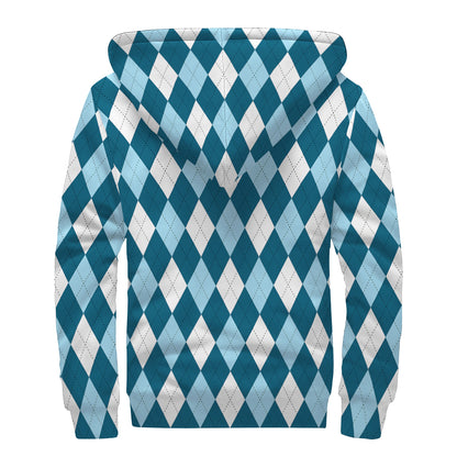 Soft Blue Argyle Pattern Print Sherpa Lined Zip Up Hoodie