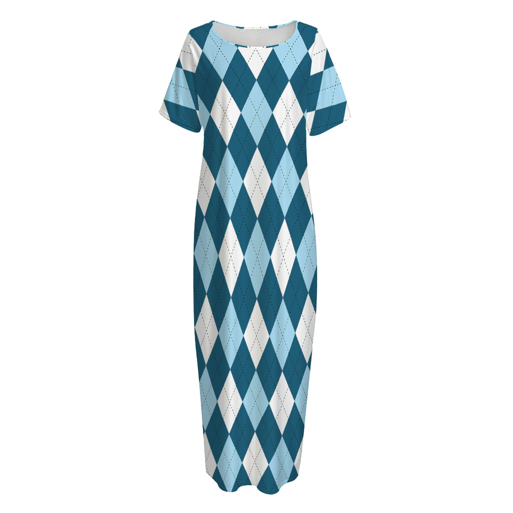 Soft Blue Argyle Pattern Print Short Sleeve Long Nightdress