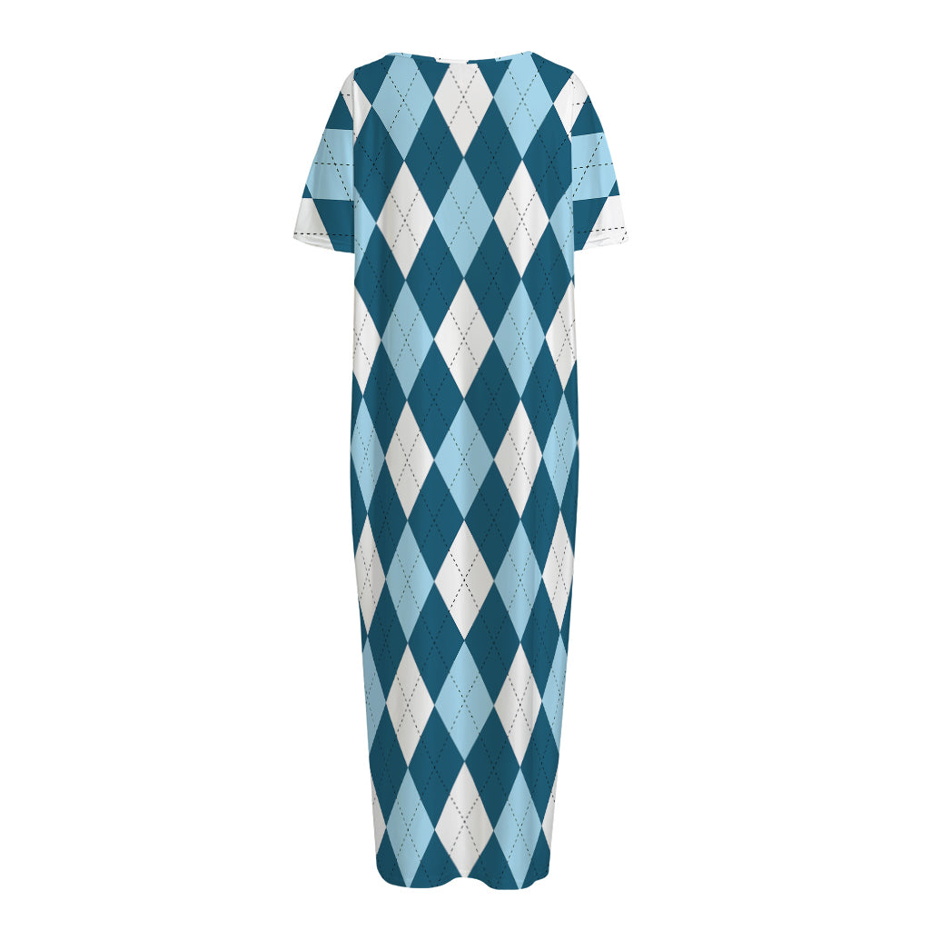 Soft Blue Argyle Pattern Print Short Sleeve Long Nightdress