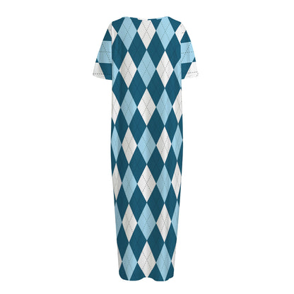 Soft Blue Argyle Pattern Print Short Sleeve Long Nightdress