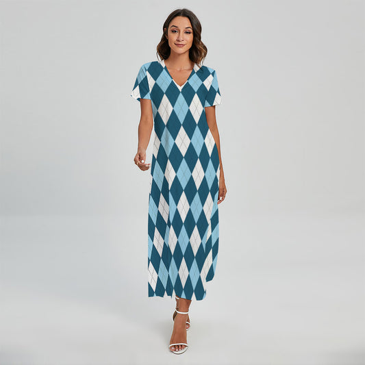 Soft Blue Argyle Pattern Print Short Sleeve Maxi Dress