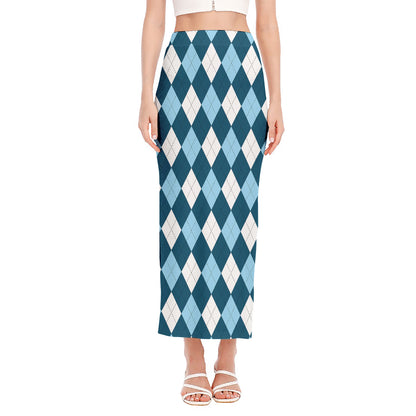 Soft Blue Argyle Pattern Print Side Slit Maxi Skirt