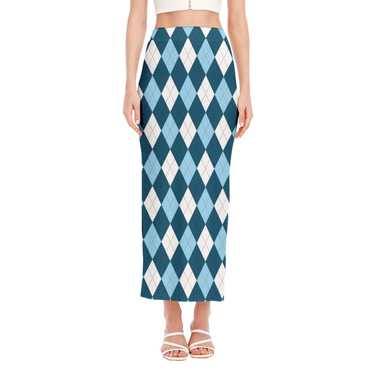 Soft Blue Argyle Pattern Print Side Slit Maxi Skirt