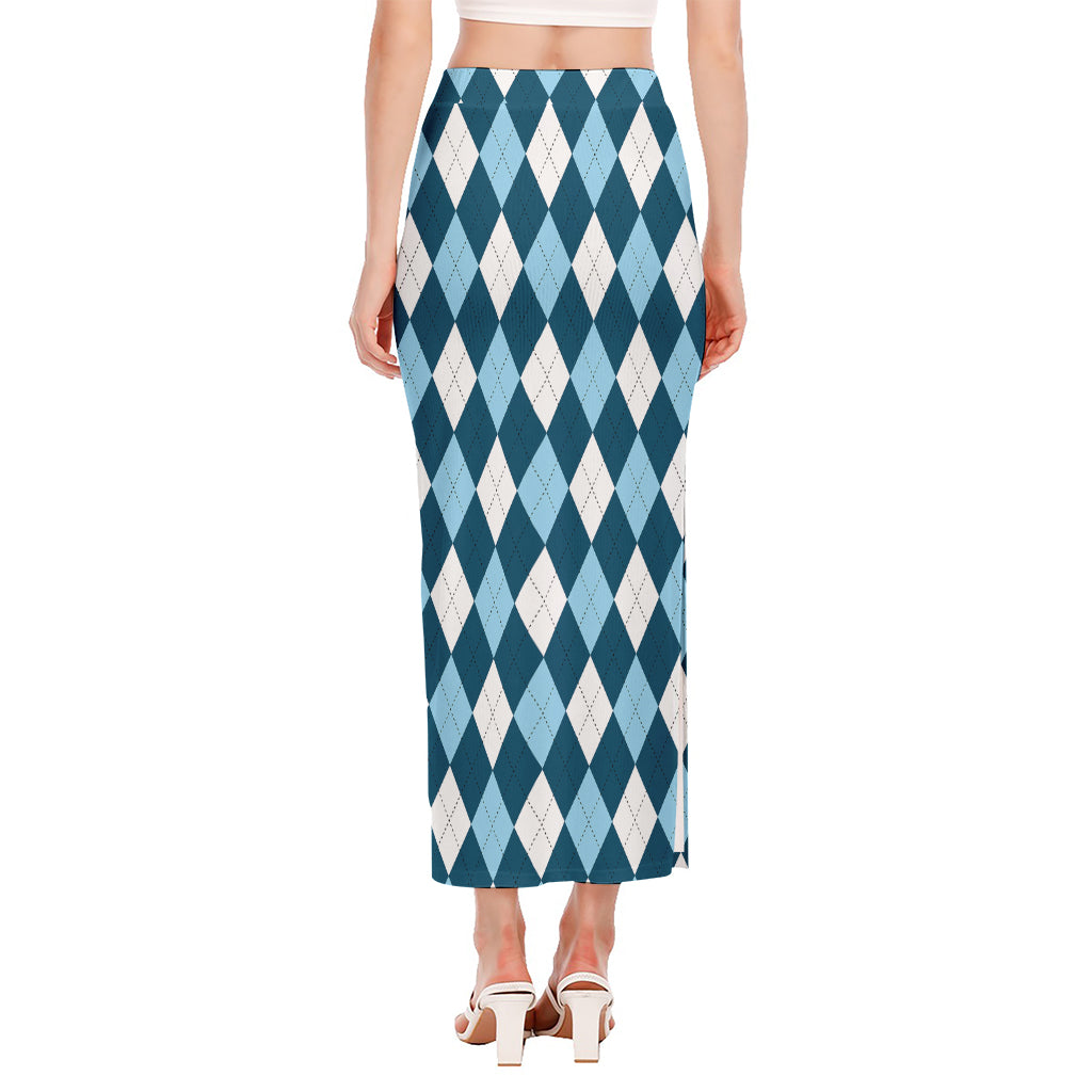 Soft Blue Argyle Pattern Print Side Slit Maxi Skirt