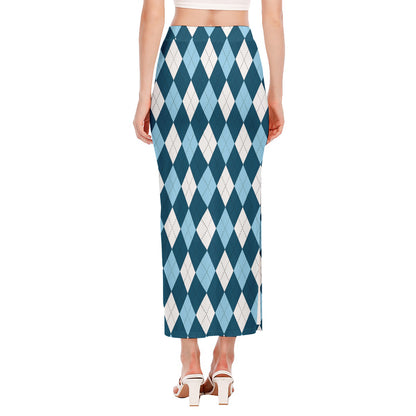 Soft Blue Argyle Pattern Print Side Slit Maxi Skirt