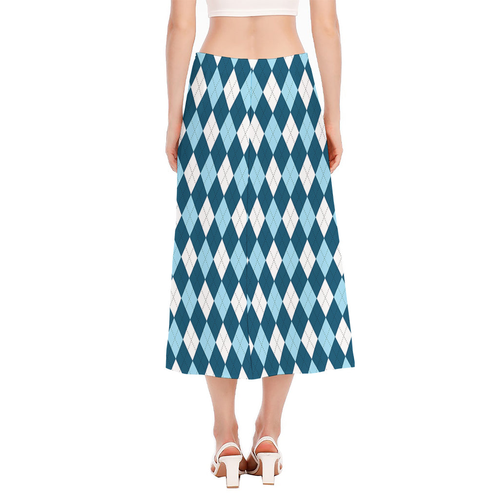 Soft Blue Argyle Pattern Print Side Slit Midi Skirt