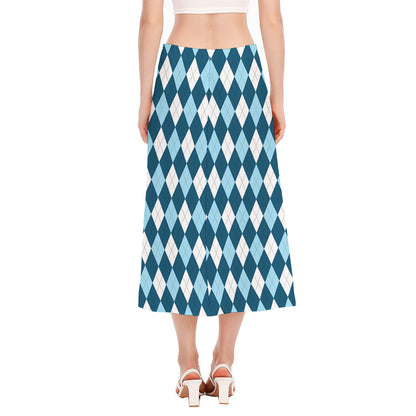 Soft Blue Argyle Pattern Print Side Slit Midi Skirt