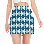 Soft Blue Argyle Pattern Print Side Slit Mini Skirt