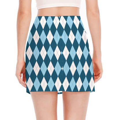 Soft Blue Argyle Pattern Print Side Slit Mini Skirt