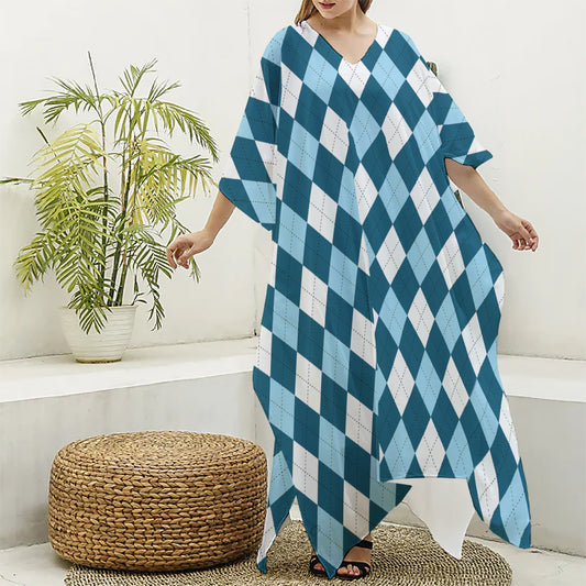 Soft Blue Argyle Pattern Print Silk V-Neck Kaftan Dress