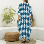 Soft Blue Argyle Pattern Print Silk V-Neck Kaftan Dress