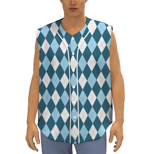 Soft Blue Argyle Pattern Print Sleeveless Baseball Jersey