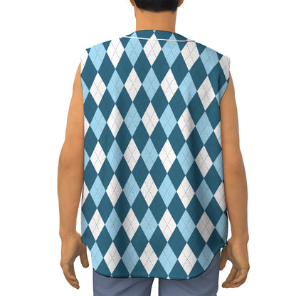 Soft Blue Argyle Pattern Print Sleeveless Baseball Jersey