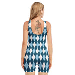 Soft Blue Argyle Pattern Print Sleeveless One Piece Swimsuit