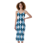 Soft Blue Argyle Pattern Print Slim Fit Midi Cami Dress