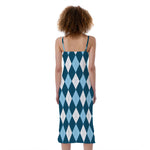 Soft Blue Argyle Pattern Print Slim Fit Midi Cami Dress
