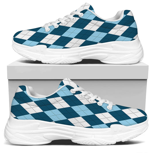 Soft Blue Argyle Pattern Print White Chunky Shoes