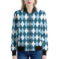 Soft Blue Argyle Pattern Print Women's Bomber Jacket