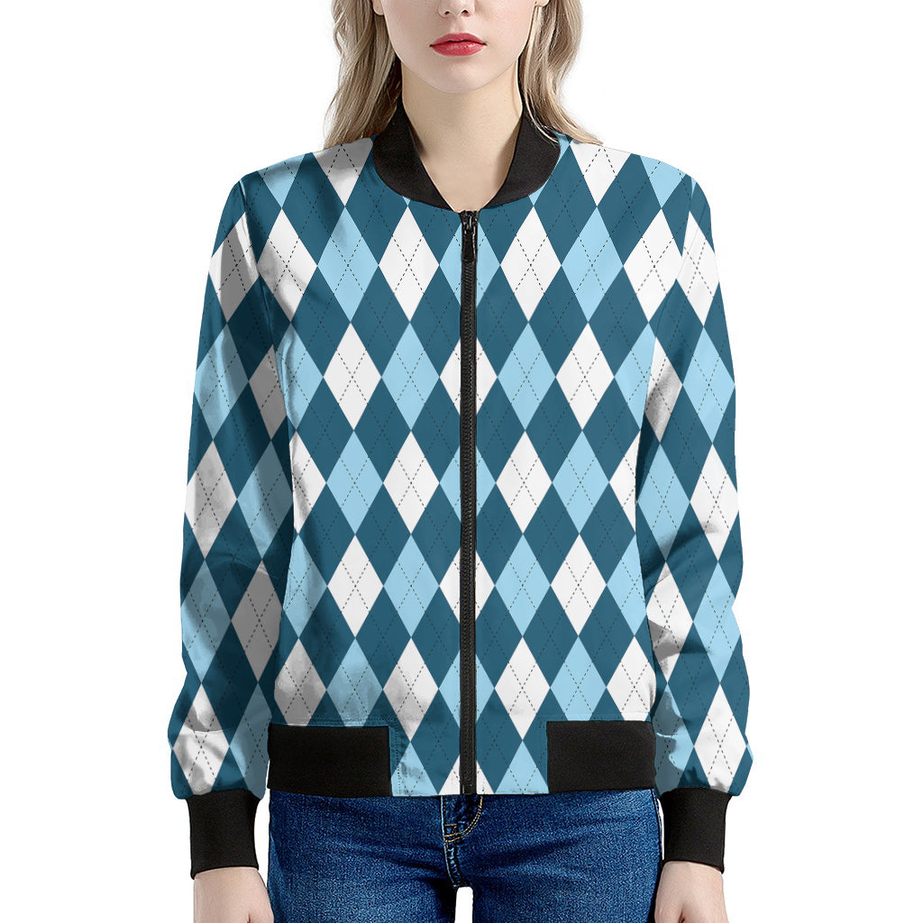 Soft Blue Argyle Pattern Print Women's Bomber Jacket