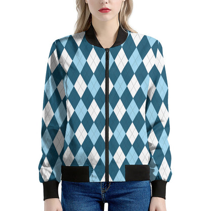 Soft Blue Argyle Pattern Print Women's Bomber Jacket
