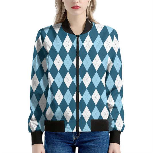 Soft Blue Argyle Pattern Print Women's Bomber Jacket