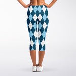 Soft Blue Argyle Pattern Print Women's Capri Leggings
