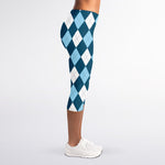 Soft Blue Argyle Pattern Print Women's Capri Leggings