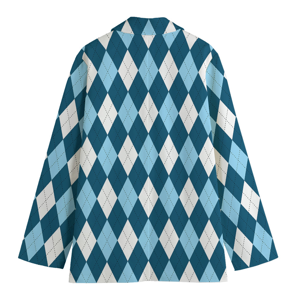 Soft Blue Argyle Pattern Print Women's Cotton Blazer