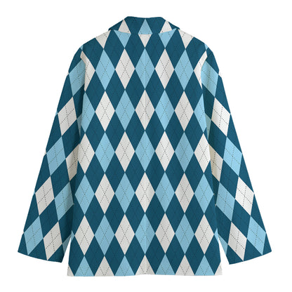 Soft Blue Argyle Pattern Print Women's Cotton Blazer