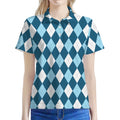 Soft Blue Argyle Pattern Print Women's Polo Shirt