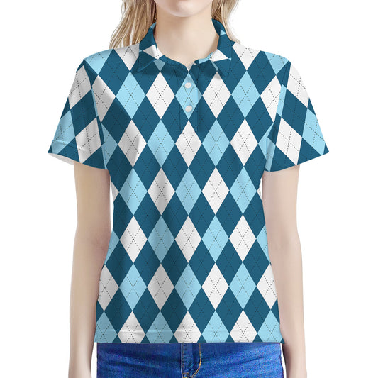 Soft Blue Argyle Pattern Print Women's Polo Shirt