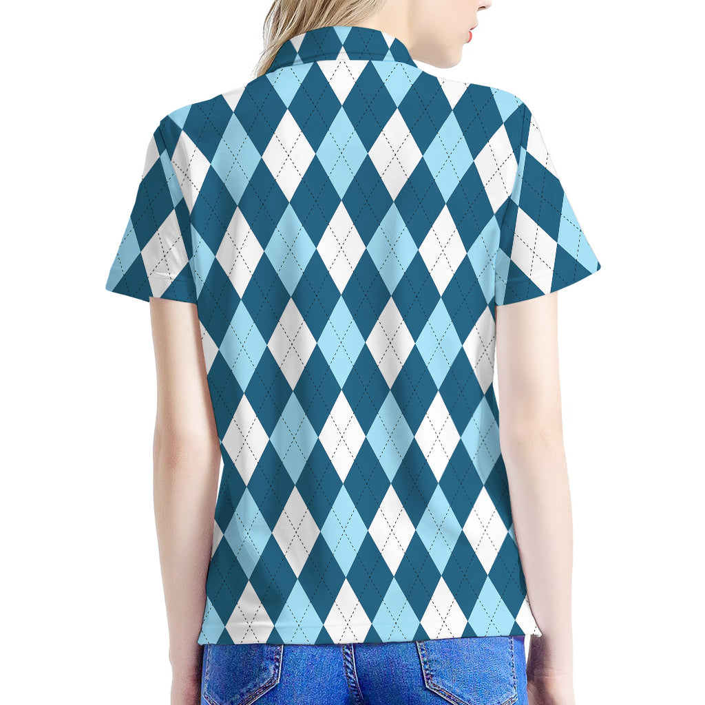Soft Blue Argyle Pattern Print Women's Polo Shirt