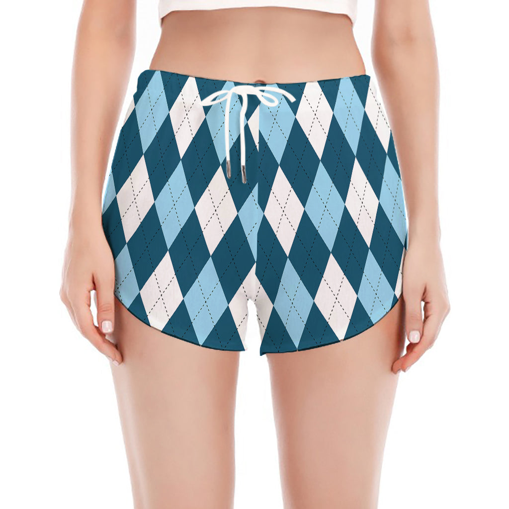 Soft Blue Argyle Pattern Print Women's Split Running Shorts