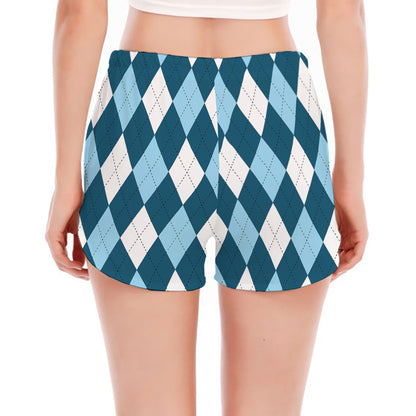 Soft Blue Argyle Pattern Print Women's Split Running Shorts