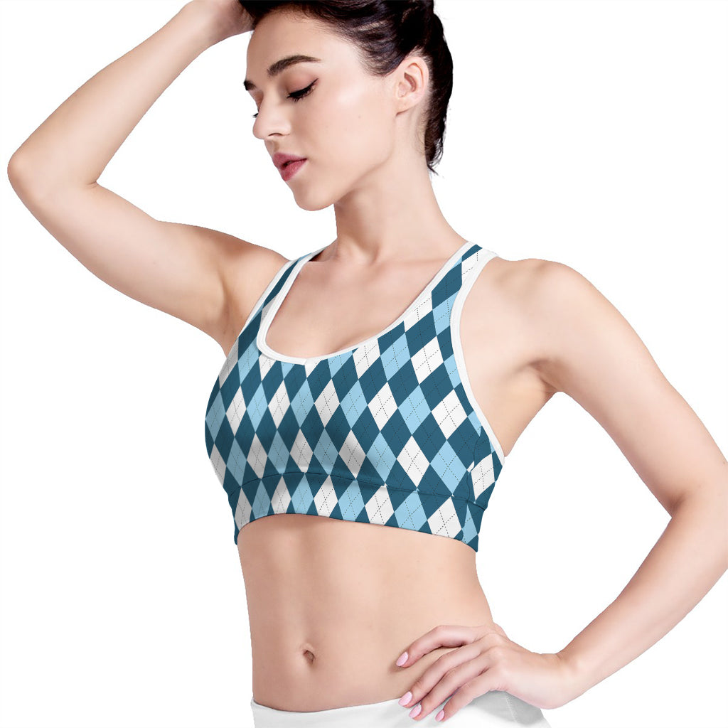 Soft Blue Argyle Pattern Print Women's Sports Bra