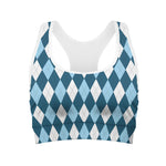 Soft Blue Argyle Pattern Print Women's Sports Bra