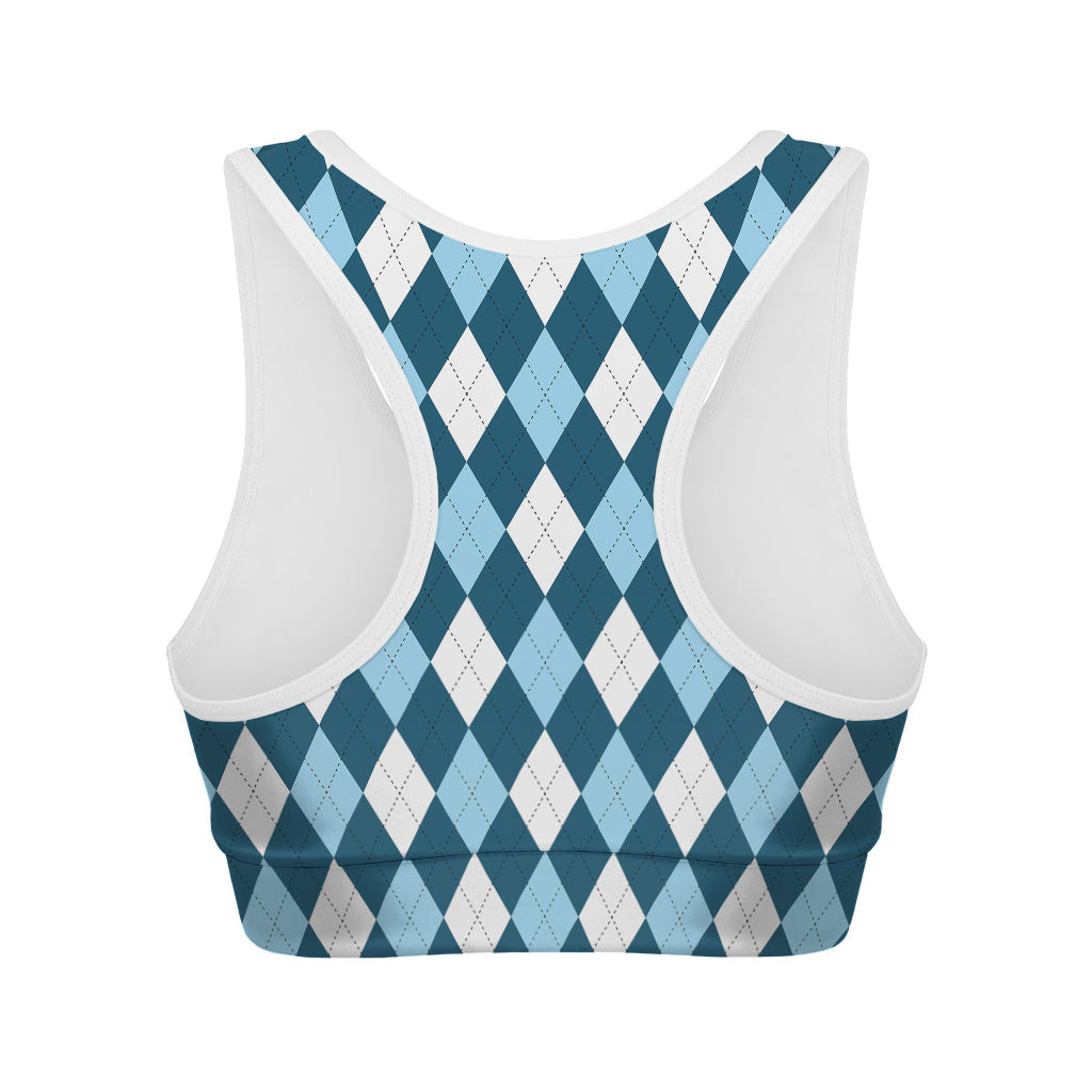 Soft Blue Argyle Pattern Print Women's Sports Bra