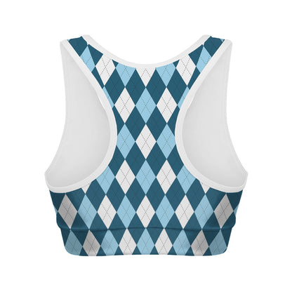 Soft Blue Argyle Pattern Print Women's Sports Bra