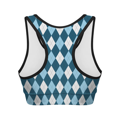 Soft Blue Argyle Pattern Print Women's Sports Bra
