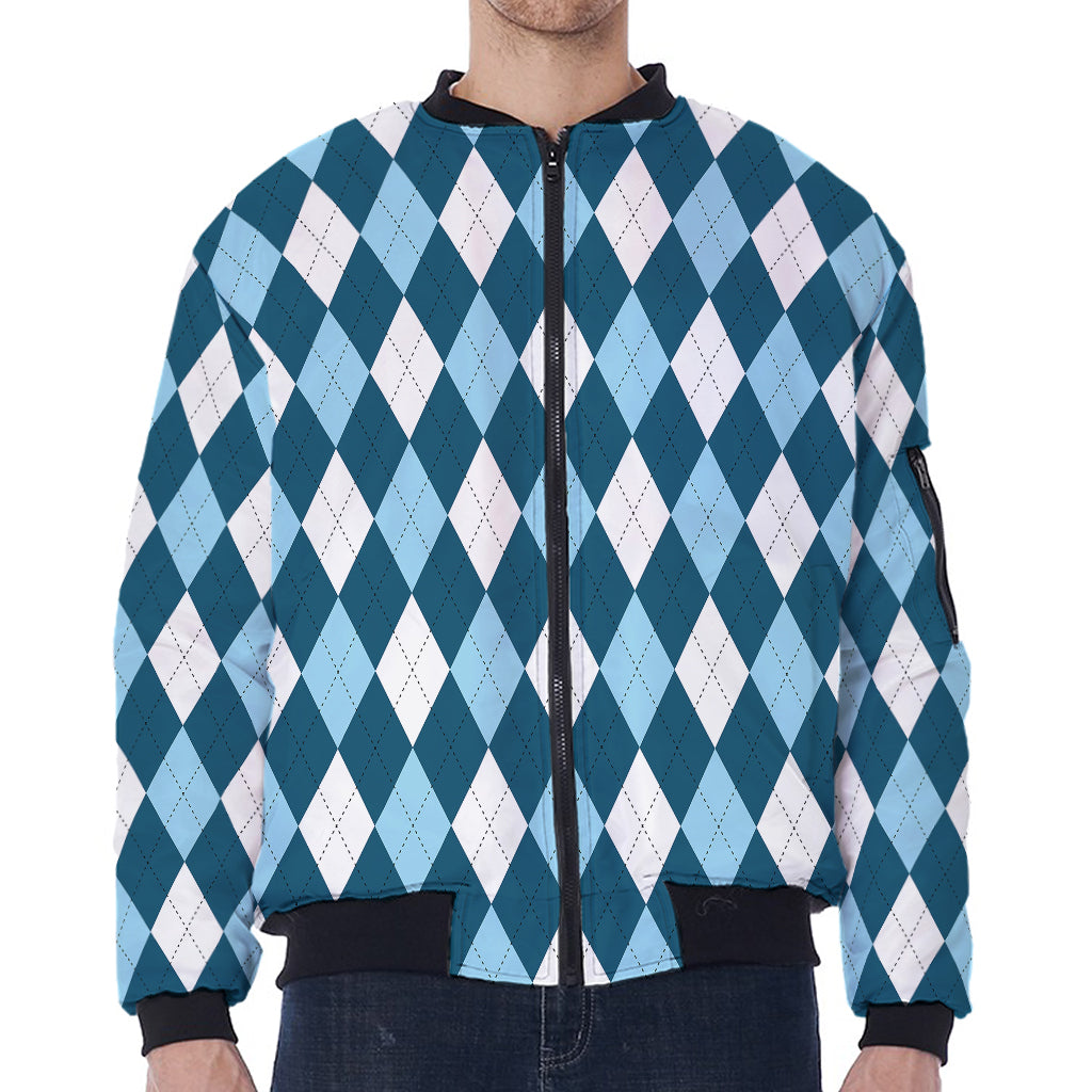 Soft Blue Argyle Pattern Print Zip Sleeve Bomber Jacket