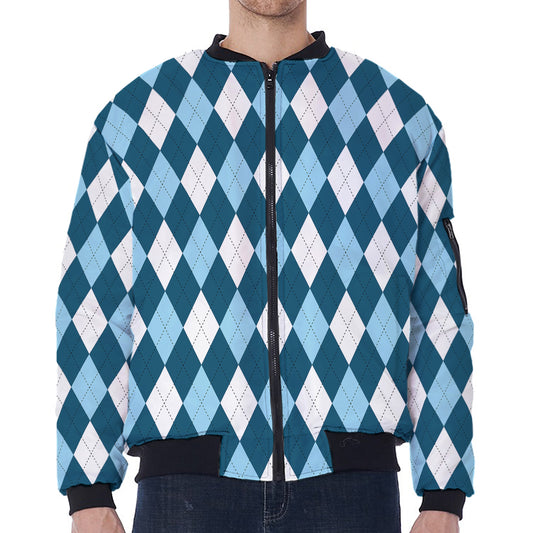 Soft Blue Argyle Pattern Print Zip Sleeve Bomber Jacket