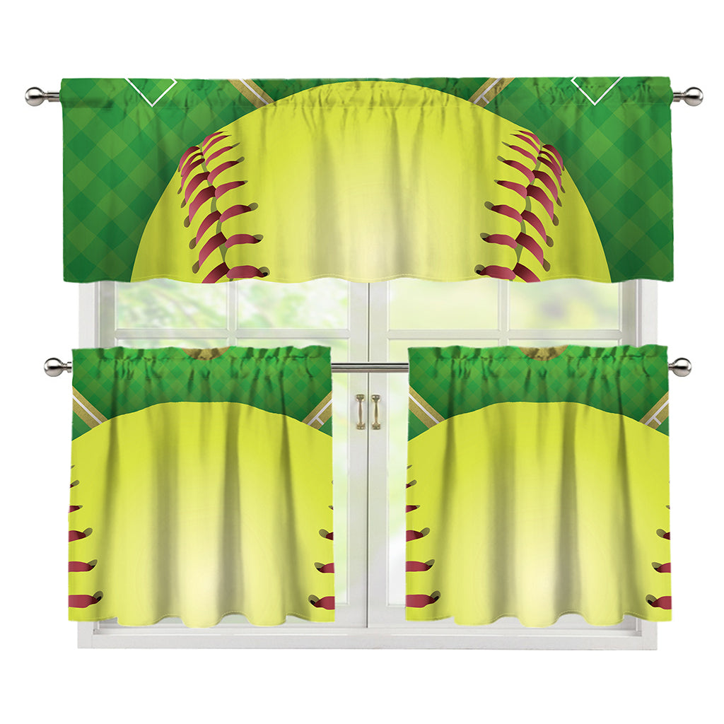 Softball Field And Ball Print 3 Piece Kitchen Curtains