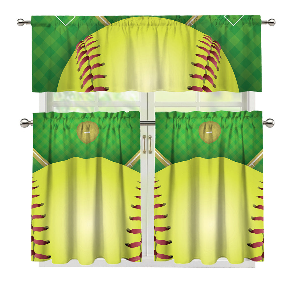 Softball Field And Ball Print 3 Piece Kitchen Curtains