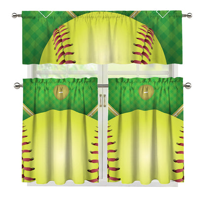 Softball Field And Ball Print 3 Piece Kitchen Curtains